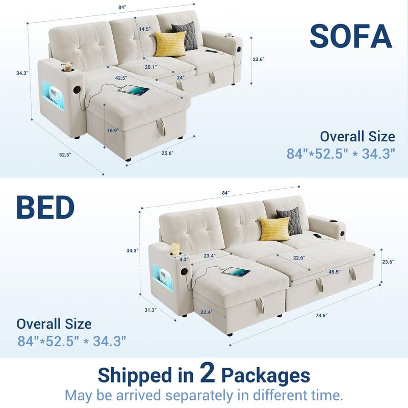 84 Inch Sleeper Sofa Couch, L-Shaped Sofa, Convertible Pull Out Sofa Bed with Storage, Charging Station, Led Lights