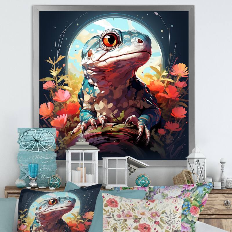 Designart "Salamander Reptile Portrait II" Reptile/Amphibian Wall Decor Pink Modern Entryway Framed Wall Art - 36 in. wide x 36 in. high - Silver
