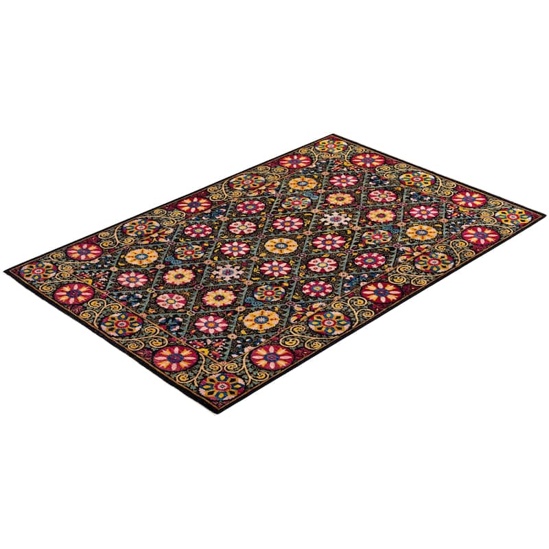 Overton Hand Knotted Wool Vintage Inspired Modern Contemporary Suzani Black Area Rug - 6' 2" x 9' 6"