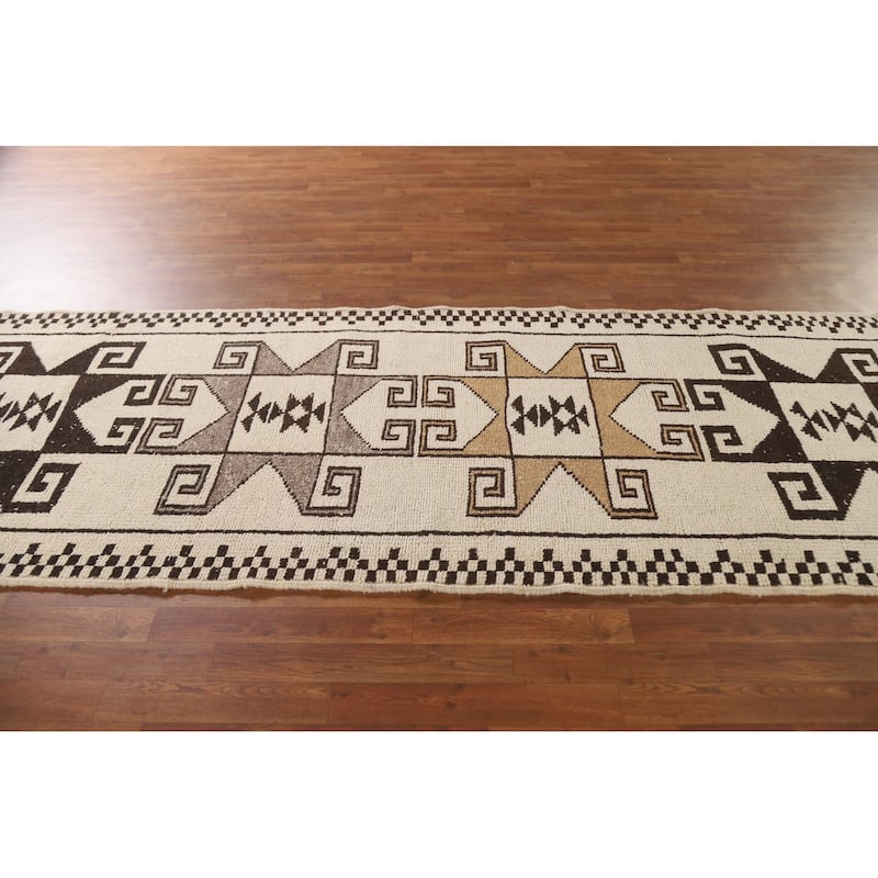 Tribal Beige Plush Anatolian Turkish Runner Rug Handmade Wool Carpet - 3'7"x 11'2"