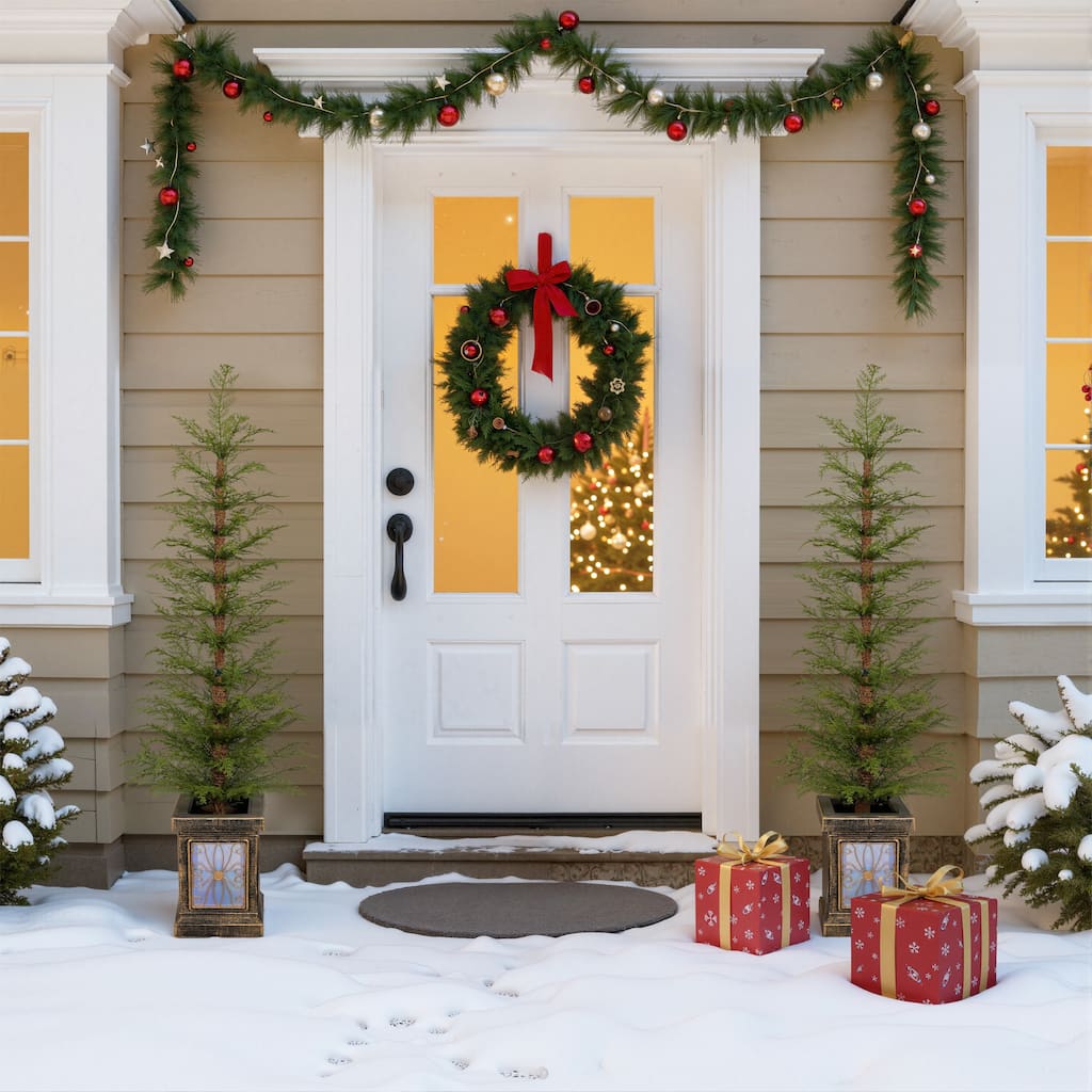 Christopher Knight Home - Petite Modern Pre-Lit Artificial Christmas Tree Set with Potted Stand and Realistic PE Needles