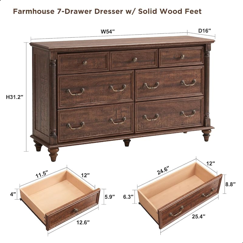 Farmhouse 7 Drawers Dresser Chests, Rustic Wood Chest of Drawers