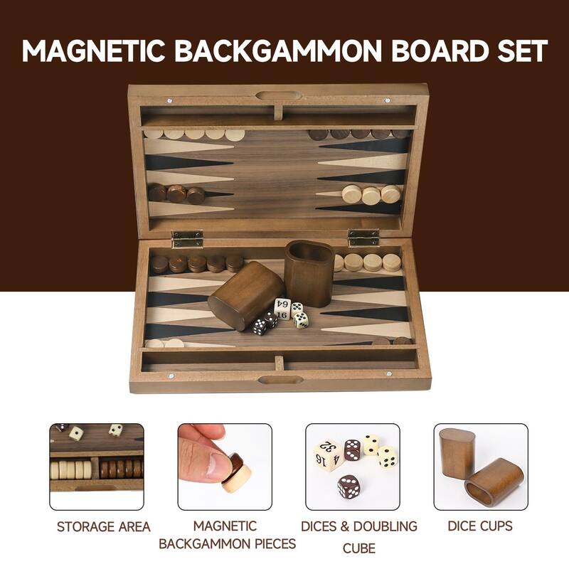 GSE™ 11" Premium Wooden Inlay Backgammon Board Game Set, Portable Folding Backgammon Board Game with Game Pieces - 11-Inch