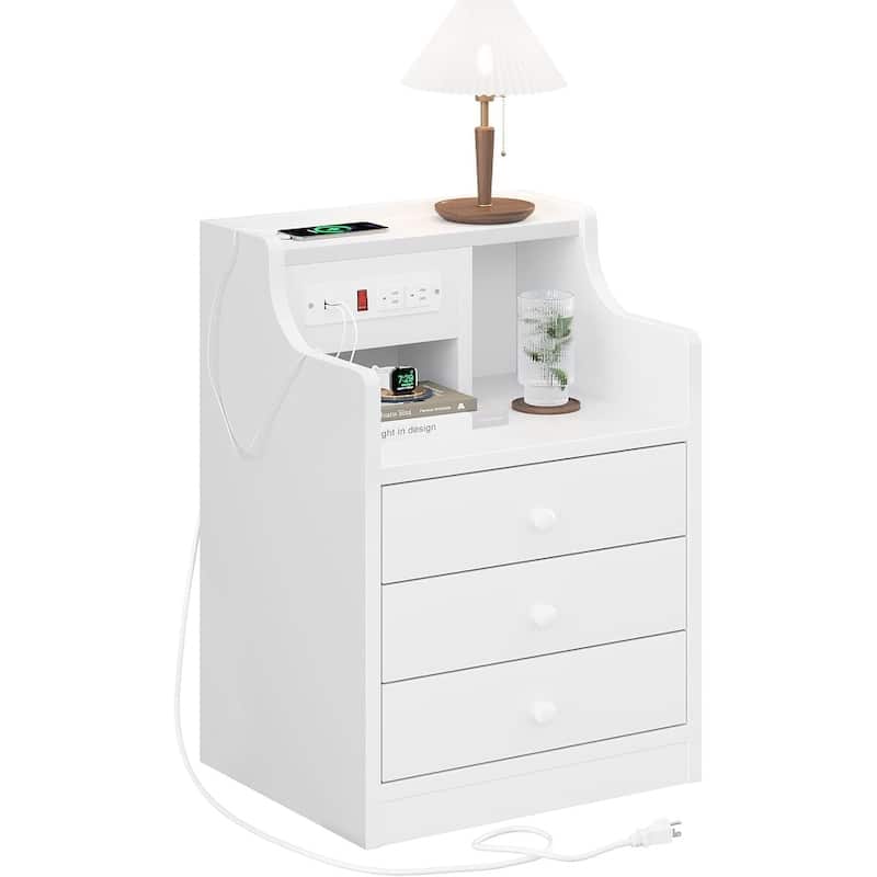Small Nightstand 3 Drawers Charging Station End Side Table