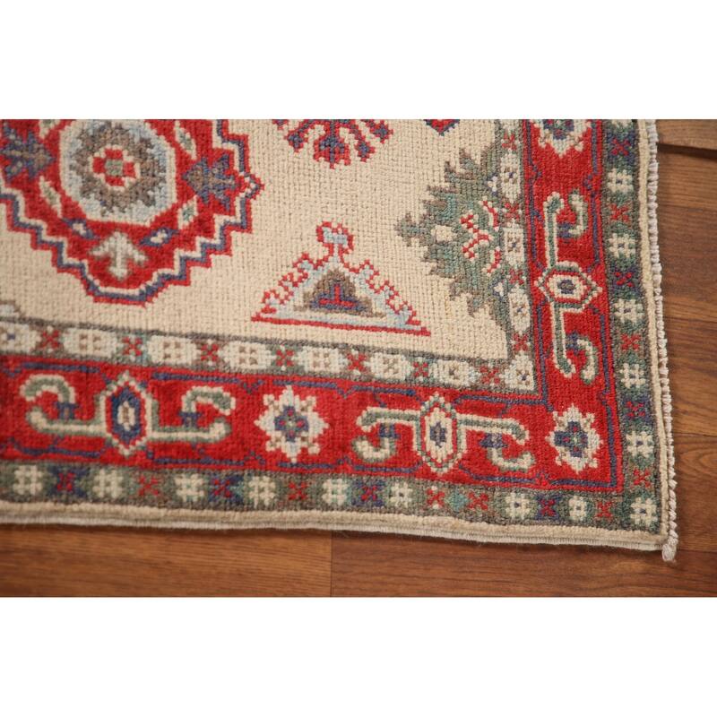 Kazak Accent Rug Hand-Knotted Geometric Beige Wool Carpet - 2'9" x 4'1"