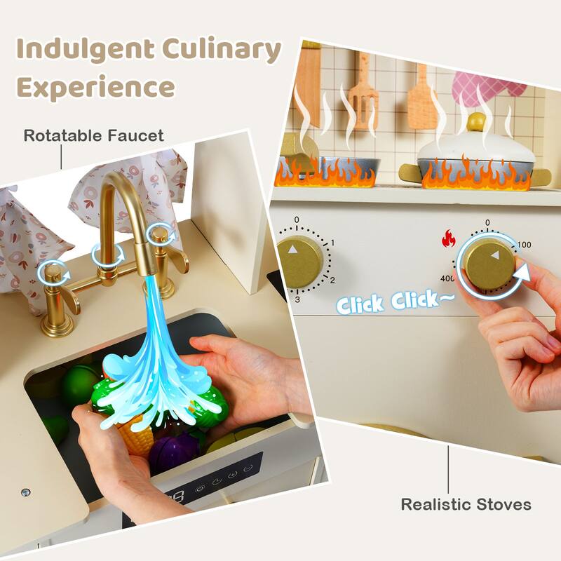 Gymax Kids Play Kitchen Wooden Toy Kitchen Playset w/ 14 Accessories