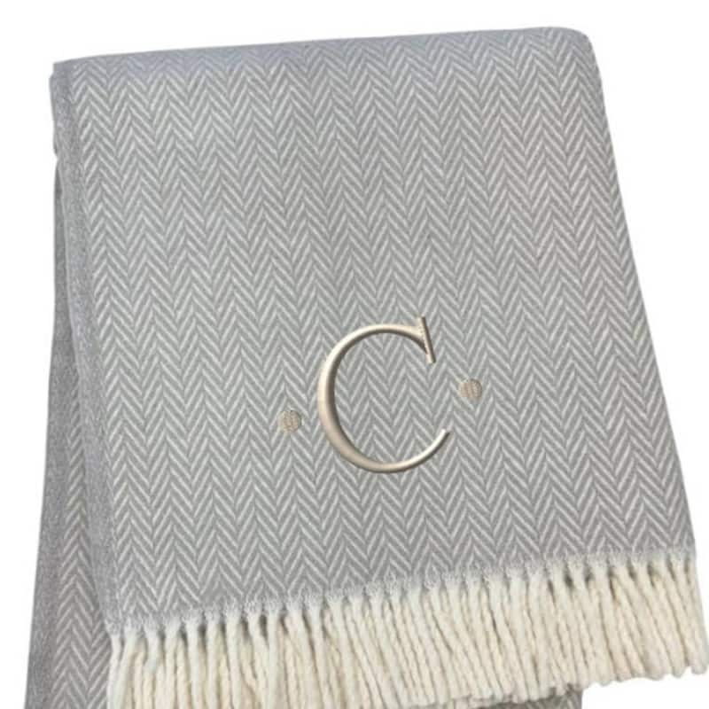 HomeRoots 55" X 70" Gray And White Herringbone Cotton Blend C Initial Throw Blanket with Tassels And Embroidery