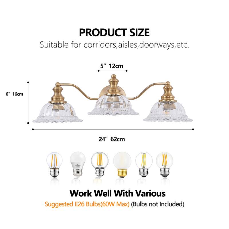 24 Inch 3-Light Vintage Bathroom Wall Sconce - Elegant Metal and Glass Lampshade Vanity Light Fixture for Bathroom
