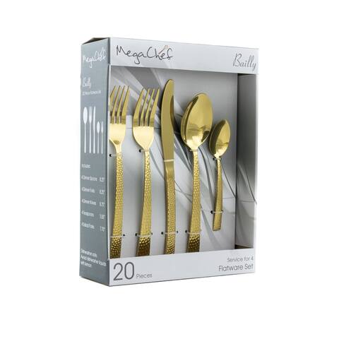 MegaChef Baily 20 Piece Flatware Utensil Set, Stainless Steel Silverware Metal Service for 4 in Gold
