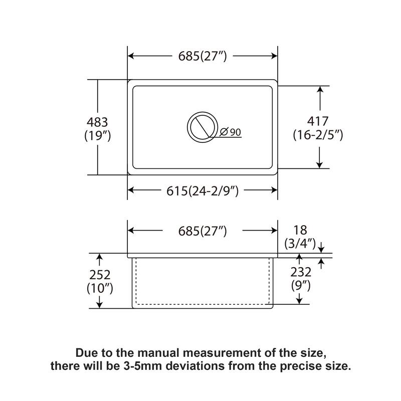 27x19x10 Undermount Single Bowl Fireclay Kitchen Sink Dual Mount White Porcelain Rectangular Deep Single Bowl Sink Basin