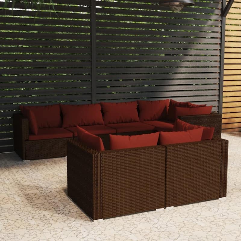 vidaXL Patio Lounge Set with Cushions Brown Poly Rattan - 27.6" x 27.6" x 24" - 27.6" x 27.6" x 24" - Brown/Cinnamon red 12 x Back pillow