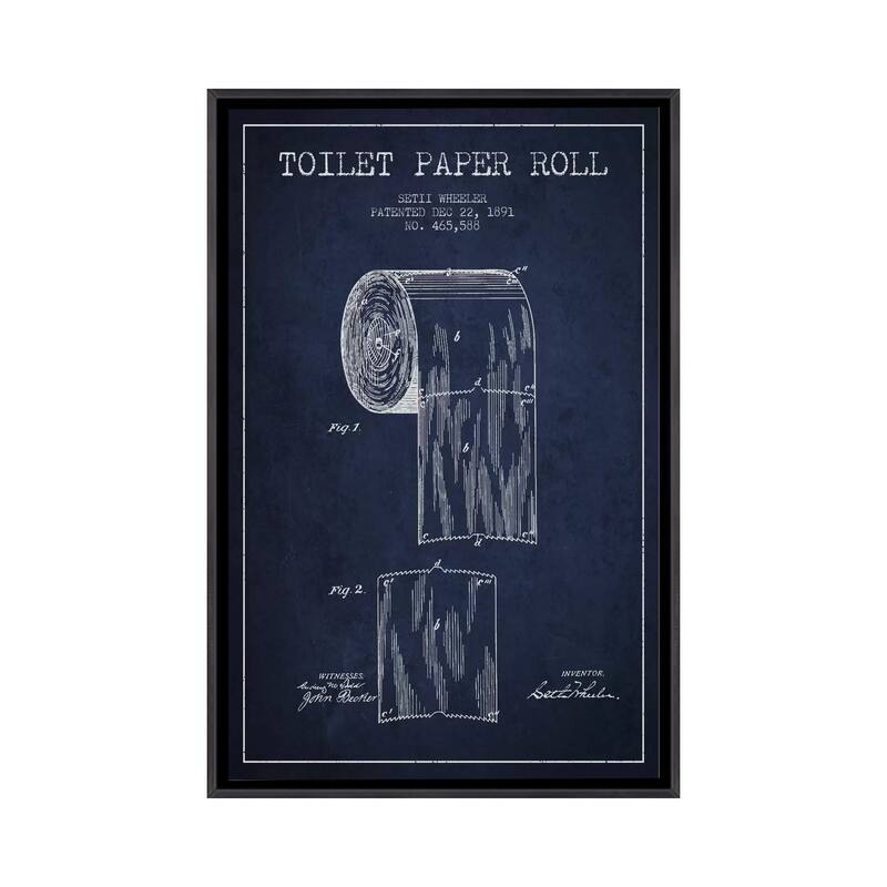 iCanvas "Toilet Paper Navy Blue Patent Blueprint" by Aged Pixel Framed - Ebony - 48x32