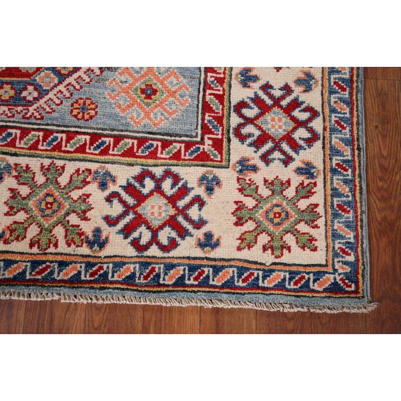 Blue Geometric Kazak Accent Rug Hand-Knotted Wool Carpet - 4'1" x 5'10"