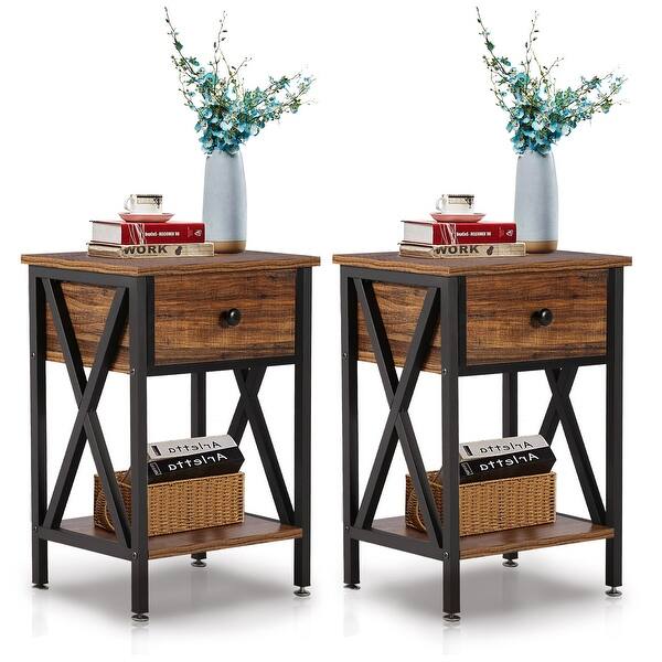 Vecelo Set Of 2 Nightstand 2 Layer 1 Drawer Bedside End Table Brown Overstock 29627039