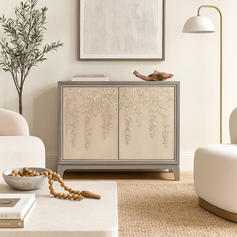 Wooden Floral Relief 2 Door Cabinet with Cream Front Doors and Cascading Leaf Design - Gray - Roche River Decor