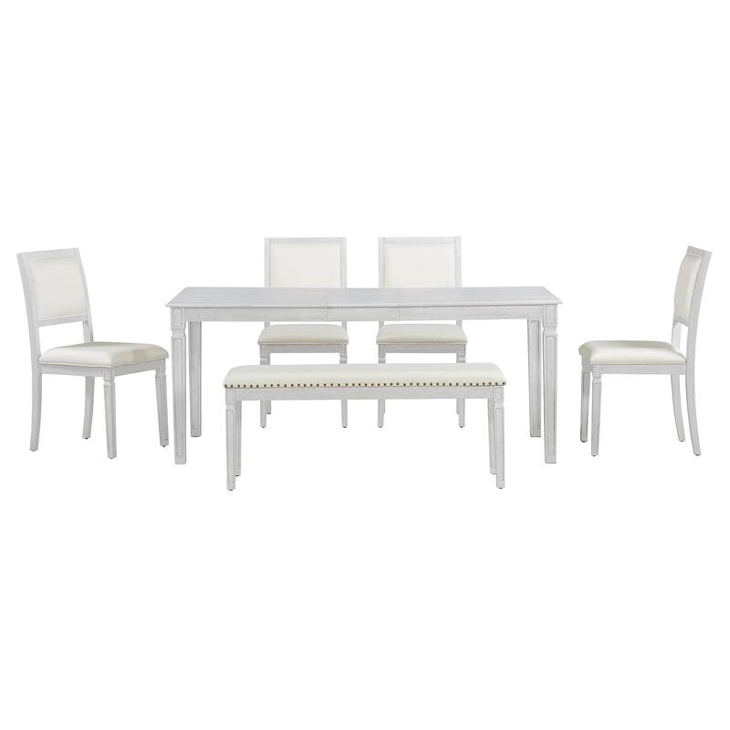 Roomfitters Extendable Rectangular Dining Table, 4 Upholstered Seats, Long Bench, 6-Piece Farmhouse Set