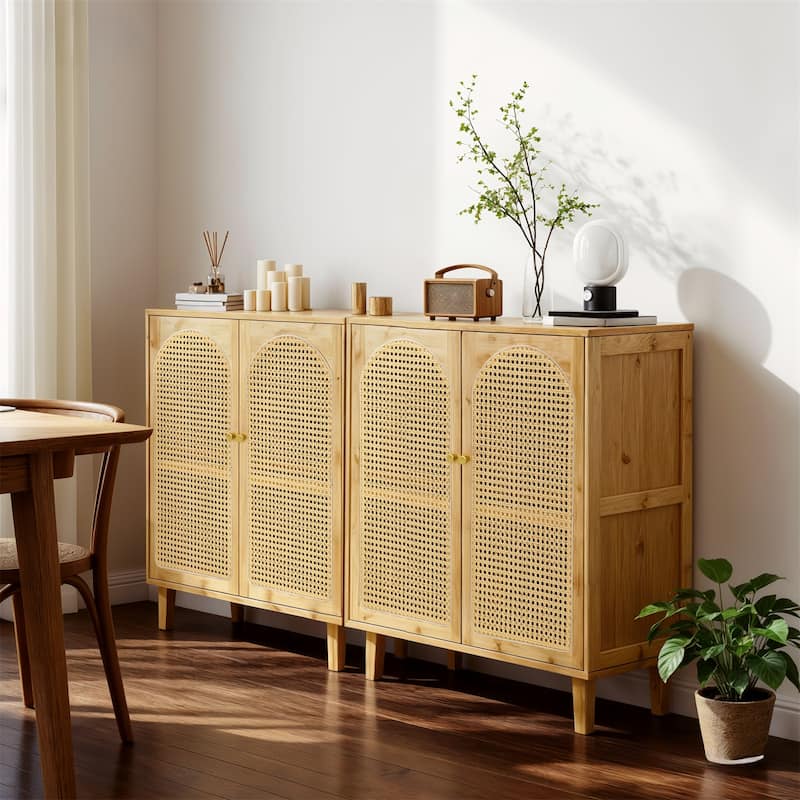 Kitchen Pantry Cabinet Bamboo Sideboard Buffet Cabinet with 2-tier Storage Rattan Door - 29.53"x15.35"x32.28"