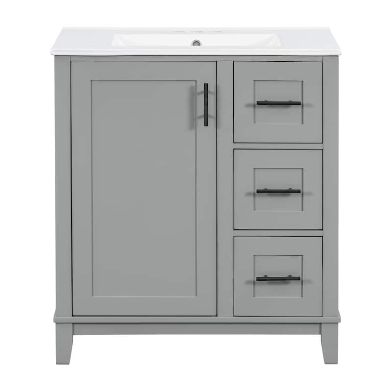 30 Inch Bathroom Vanity Ceramic Sink Rubberwood MDF 1 Door 3 Drawers Soft Close Modern