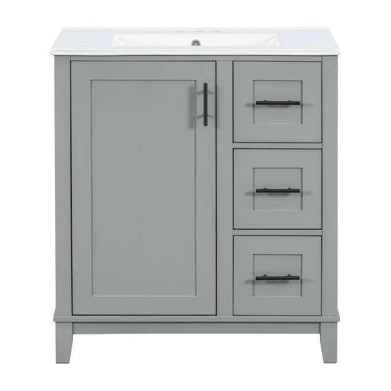 30-inch bathroom vanity with ceramic sink, rubberwood frame, MDF panels, one door with double storage racks, 3 drawers