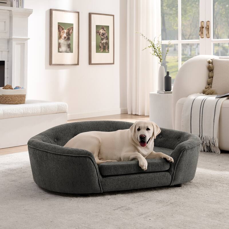Oval Semi-Enclosed Dog Sofa, Durable Linen Material, Button-Tufted Backrest, High-Center Low-Sides Support Plush Comfort-Beige - Grey
