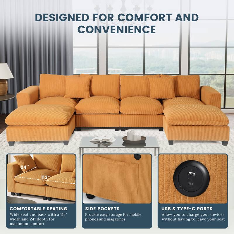 Hamilton 6-Piece Corduroy Upholstered Modular Sectional with USB Port
