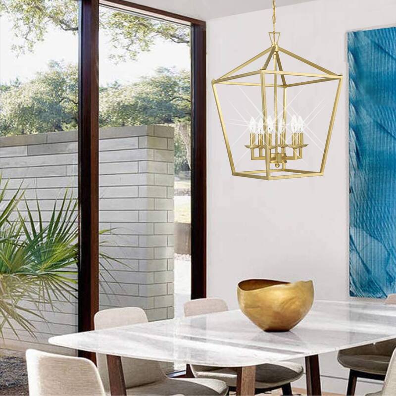 4 or 6-light pendant with steel cage shade and soft gold / Black finish