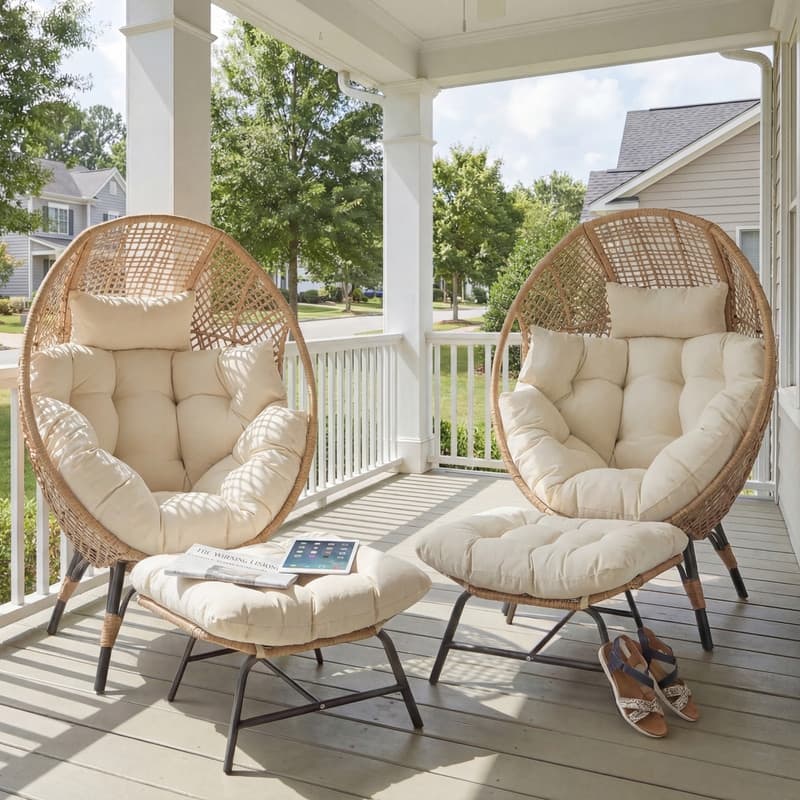 Set of 2 Outdoor Wicker Egg Chairs with Ottomans, 4-Piece Patio Lounge Chair Set, 6.5" Thick Cushions, 440 lbs Capacity - Beige