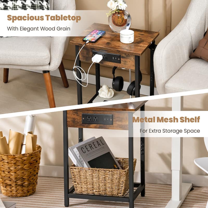 Gymax 2PCS Bedside Sofa Tables Nightstand w/ Charging Station for