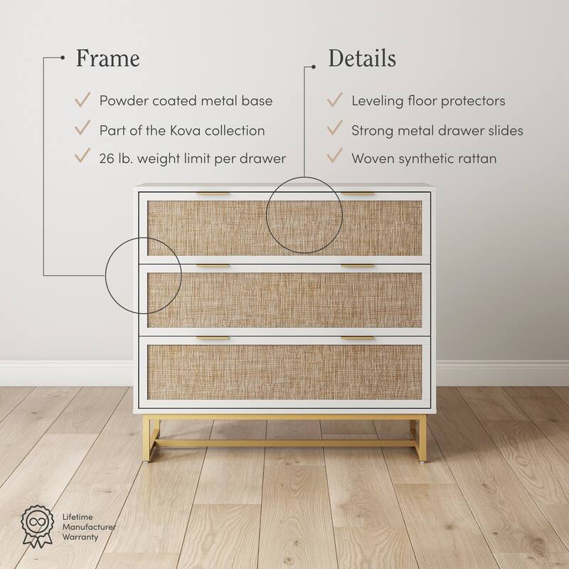 Kova 3-Drawer Rattan Dresser or Bohemian Living Room Storage Cabinet with Textilene Rattan Accent and Metal Legs