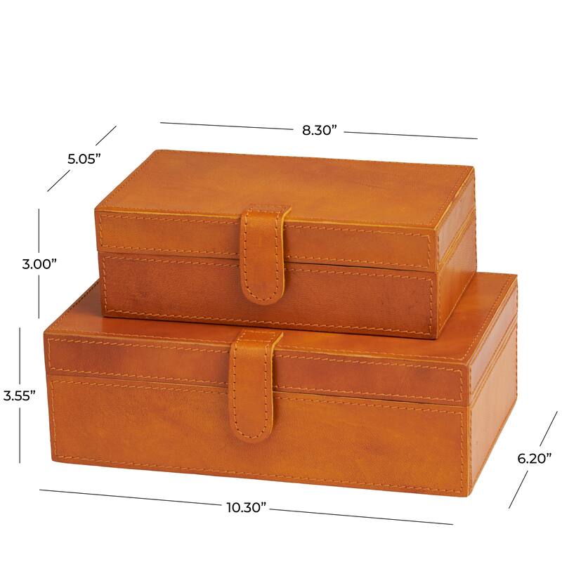 Brown Leather Storage Box with Snap Front Closure and Detailed Stitching (Set of 2)