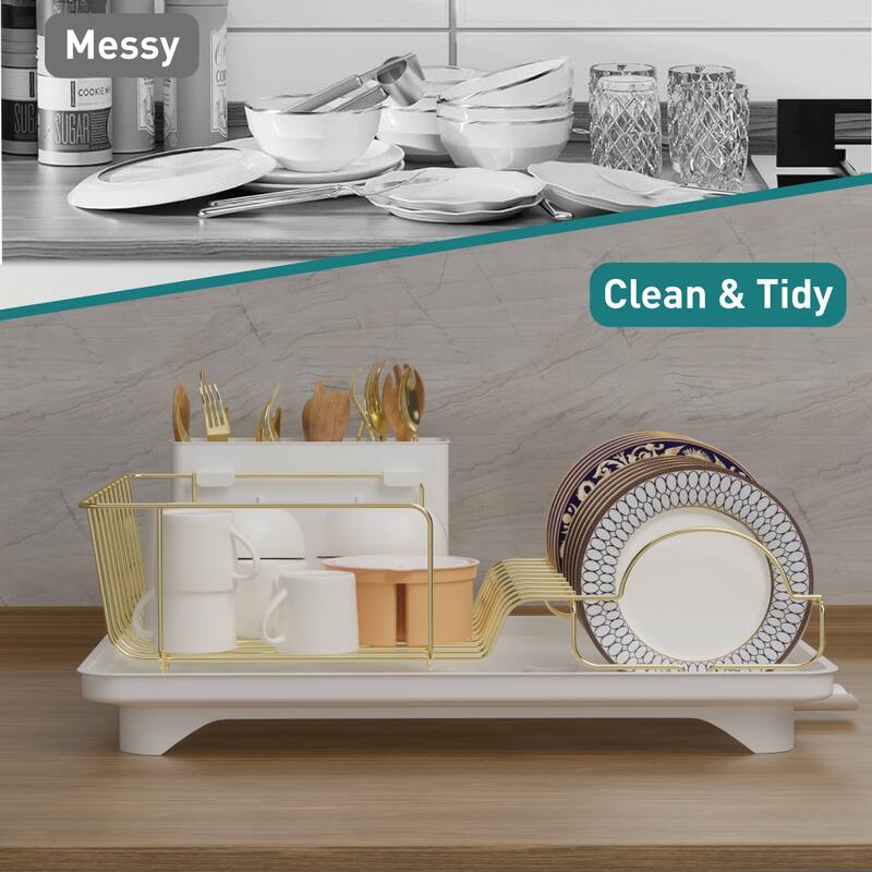 Dish Drying Rack for Kitchen Countertop, Gold Stainless Steel Dish Drainer with Drain Board, Utensil Holder & Anti-Slip Feet