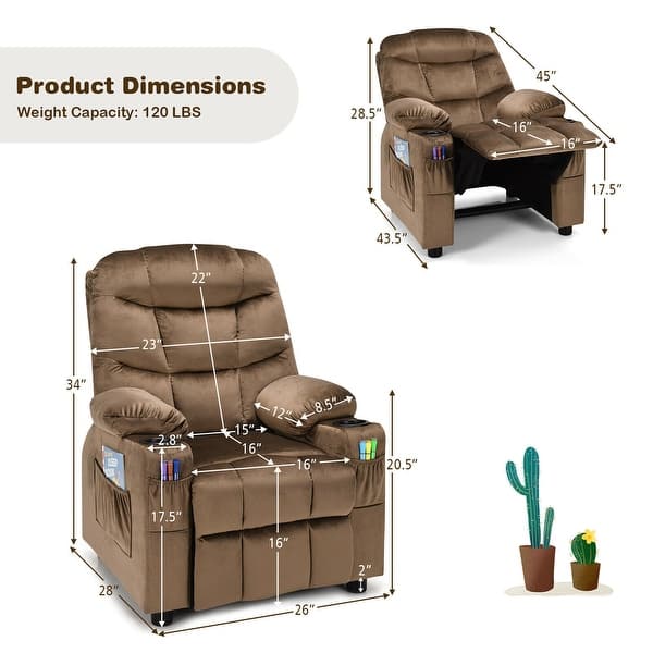 dimension image slide 1 of 4, Gymax Kids Youth Recliner Chair Velvet Fabric w/Cup Holder & Side