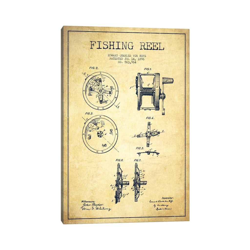 iCanvas "Fishing Reel Vintage Patent Blueprint" by Aged Pixel Canvas Print