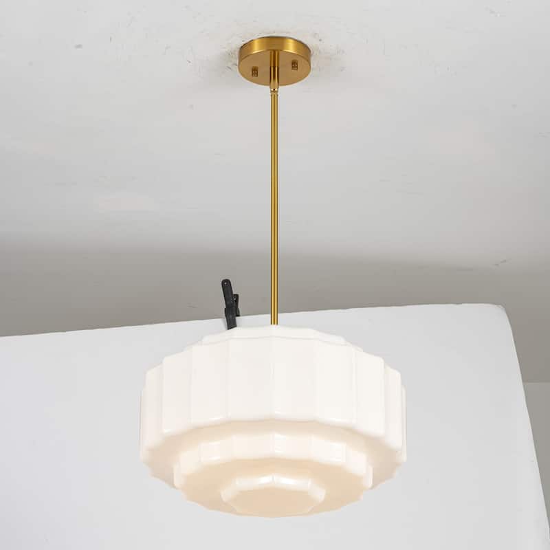 3-Light Mid-Century Modern Brass Tiered Milk Glass Pendant for Dining Room - 15.7 in. W x 7.1 in. H