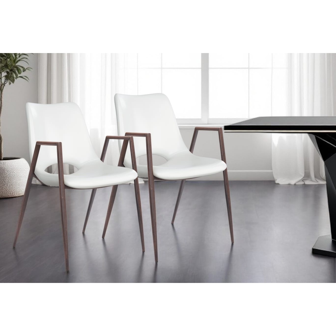 HomeRoots Set of Two White and Brown Upholstered Faux Leather Open Back Dining Arm Chairs