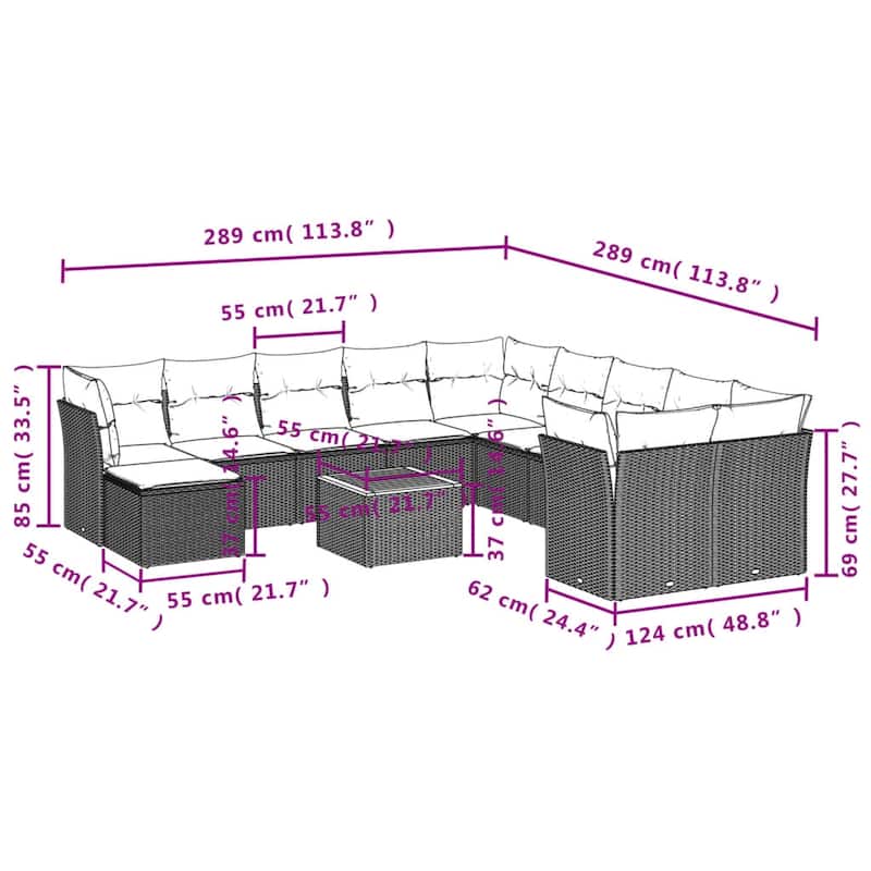 vidaXL Patio Sofa Set with Cushions Outdoor Furniture 12 Piece Poly Rattan - 24.4 x 24.4 x 27.2