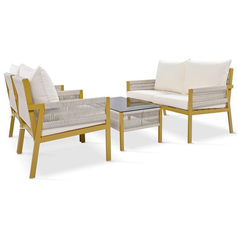 4-Piece Patio Furniture Set, Outdoor Garden Conversation Set with Tempered Glass Table, Deep Seating and Thick Cushion