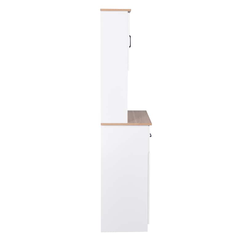 Wooden Kitchen Cabinet White Pantry Room Storage Microwave Cabinet with Framed Glass Doors and Drawer