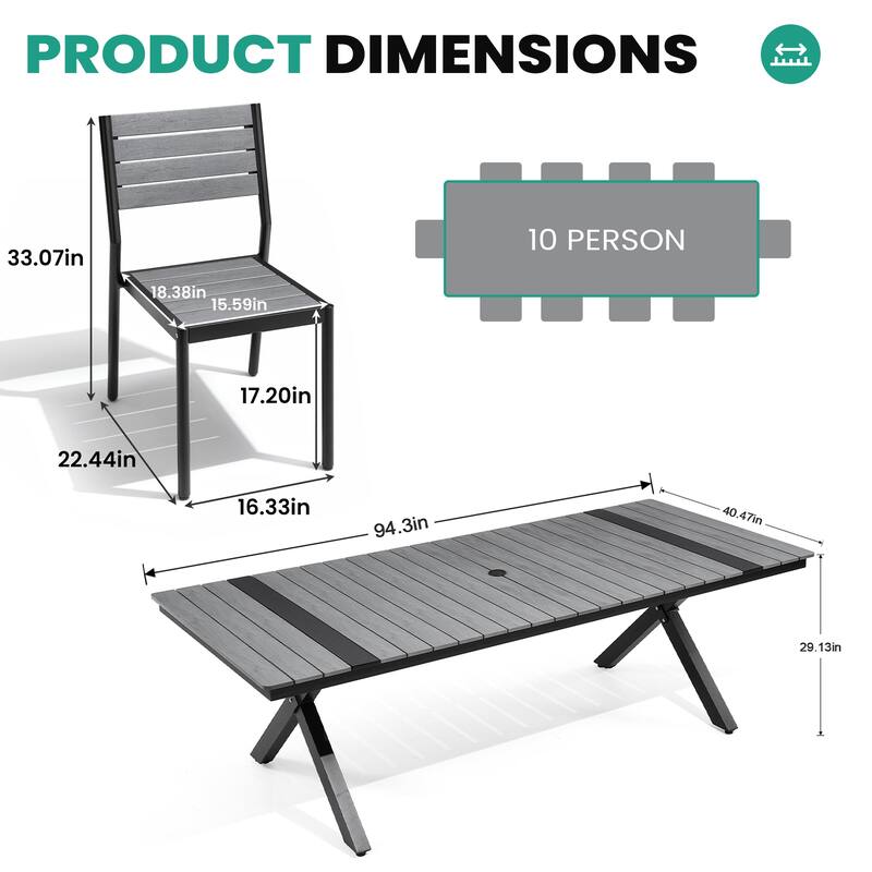 11/13-Piece Outdoor Dining Set Aluminum Dining Table with Umbrella Hole and Stackable Chairs