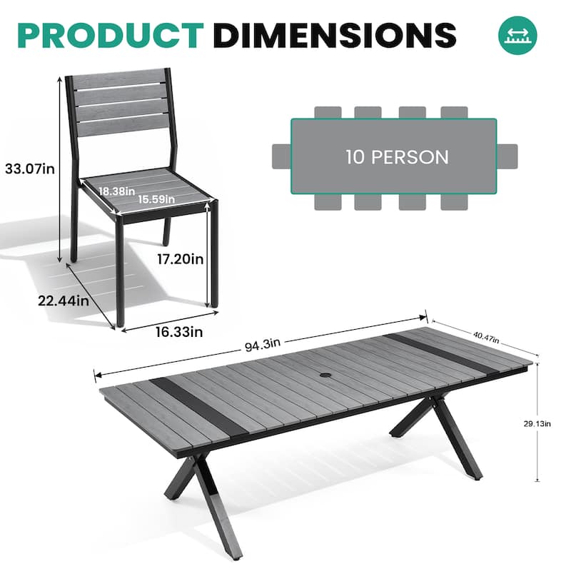 VredHom 11PC Aluminum X Frame Outdoor Patio Dining Set Table with Chairs Umbrella Hole