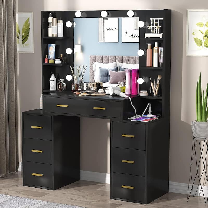 43'' Makeup Vanity with 3 Color Light, Charging Station, Storage Shelves, 7 Drawers