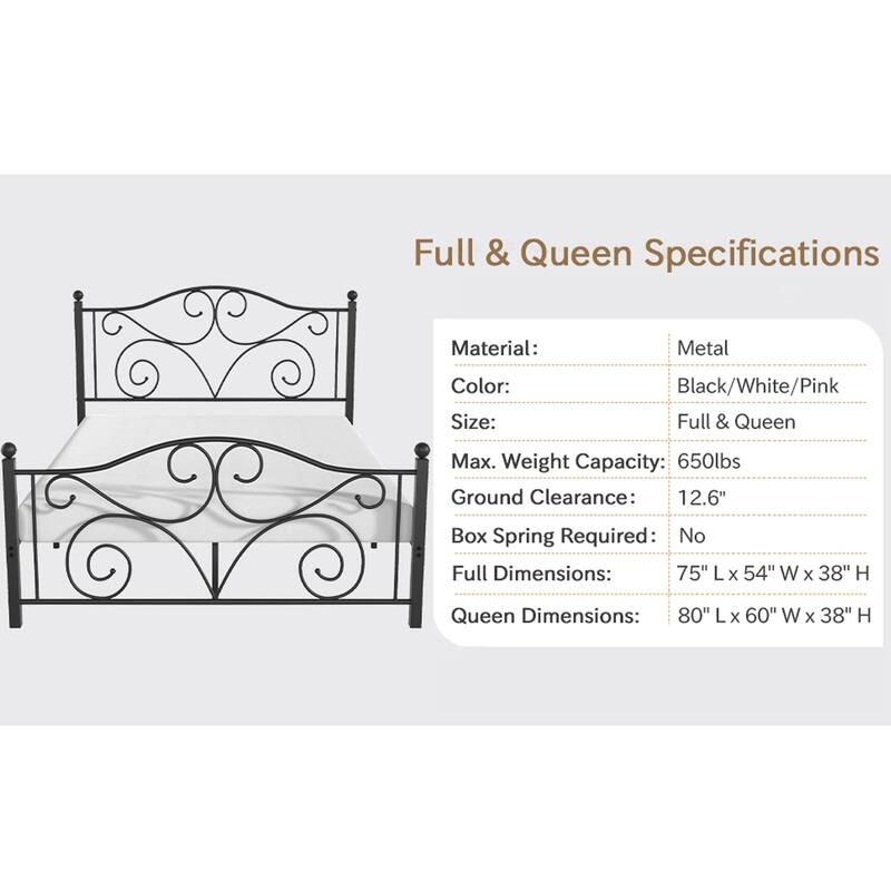 Victorian Style Metal Bed Frames with Headboard,No Box Spring Needed