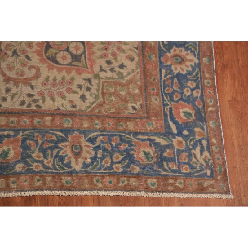 Floral Medallion Tabriz Persian Area Rug Blue Handmade Wool Carpet - 9'5"x 12'5"