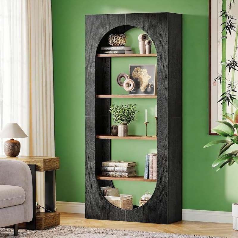 Black Arch Bookcase 5 Shelf Tall Oval Front E1 Particle Board Book Shelf Storage Organizer for Living Room Office Bedroom
