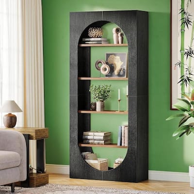 Black Arch Bookcase 5 Shelf Tall Oval Front E1 Particle Board Book Shelf Storage Organizer for Living Room Office Bedroom