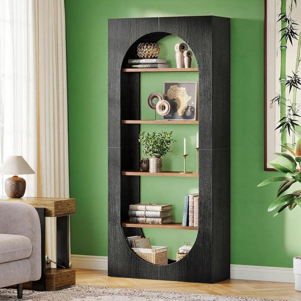 Black Arch Bookcase 5 Shelf Tall Oval Front E1 Particle Board Book Shelf Storage Organizer for Living Room Office Bedroom
