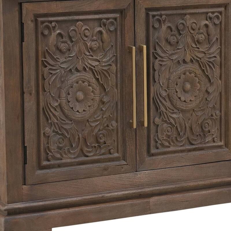 HomeRoots 106" Brown Distressed Solid Wood Carved Floral Three Drawer Sideboard with Four Doors