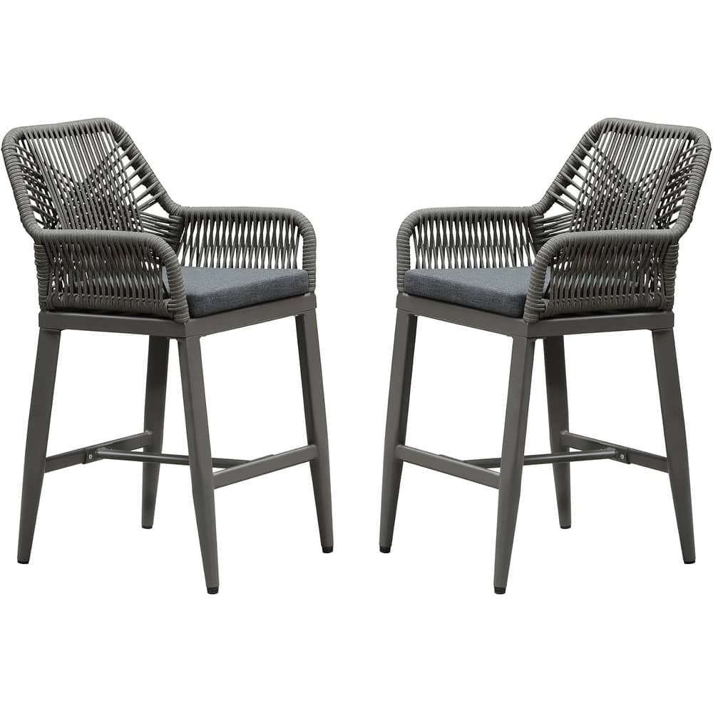 PURPLE LEAF Outdoor Bar Stools Chair Set of 2, All Weather Rattan and Aluminum Patio Bar Stool with Cushion