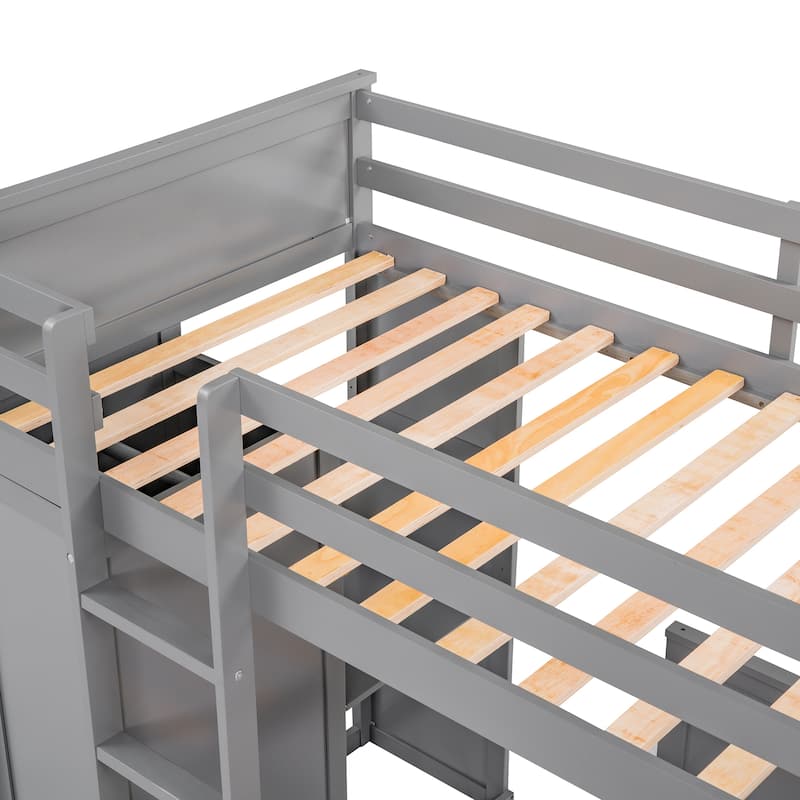 Twin size Loft Bed with a Stand-alone bed, Shelves,Desk,and Wardrobe-Gray