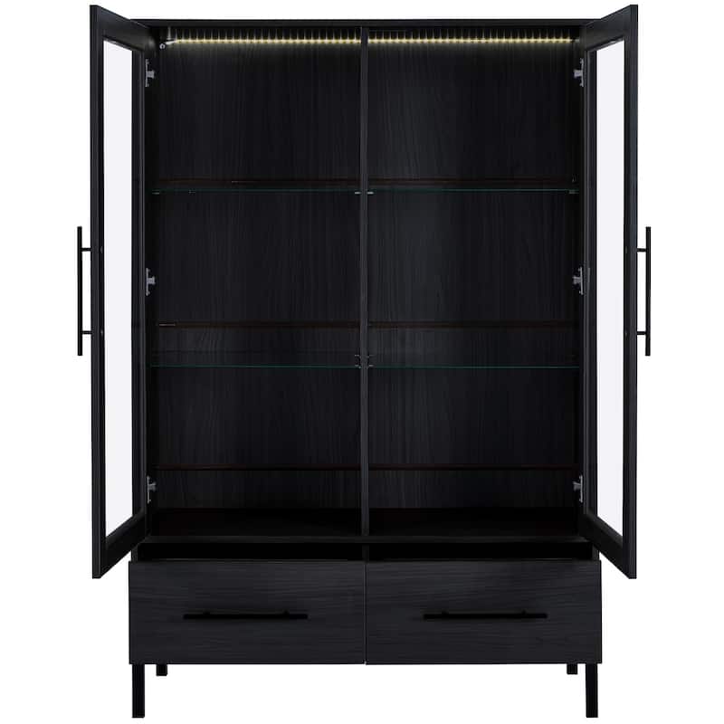 60"Hx39.5"W Lighted Display Cabinet with Glass Doors & LED Lighting Bookshelf Buffet